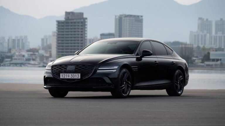 Sleek black sedan parked with a cityscape background, reflecting luxury and modern design.