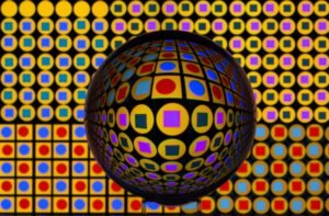 Colorful geometric pattern with an optical illusion effect featuring circles and squares.