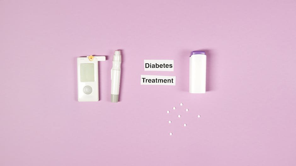 Flat lay of diabetes treatment tools and medication on a pastel pink background.