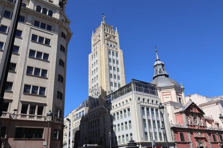 Panoramic view of historic buildings in Madrid's vibrant cityscape with clear skies.